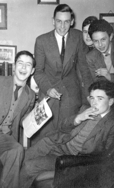 Farringdon official 'Smoke Evening' with Housemaster Dunstan - probably listening to the Goon Show. Keating, Freeman, Allanson, Butler & Moriarty
