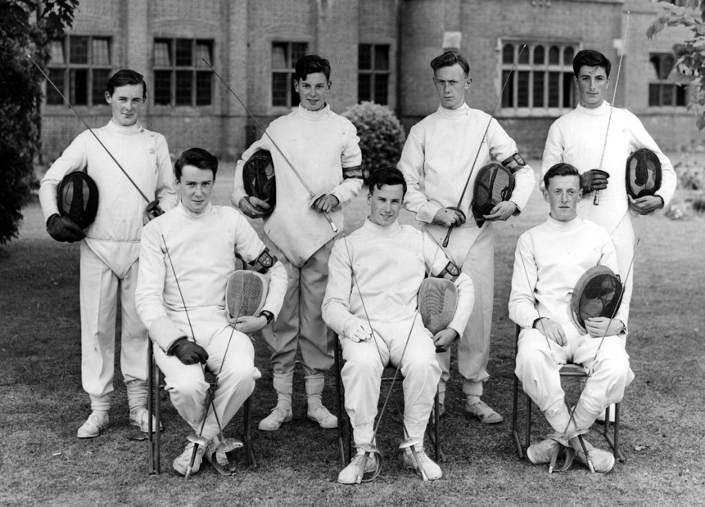 Fencing Team 1952 Standing; Fitzgerald, M. Booth, D. Ross, D. Hopkin, Seared; P. Scarborough, G. Harwood (Capt), C. J. Morton